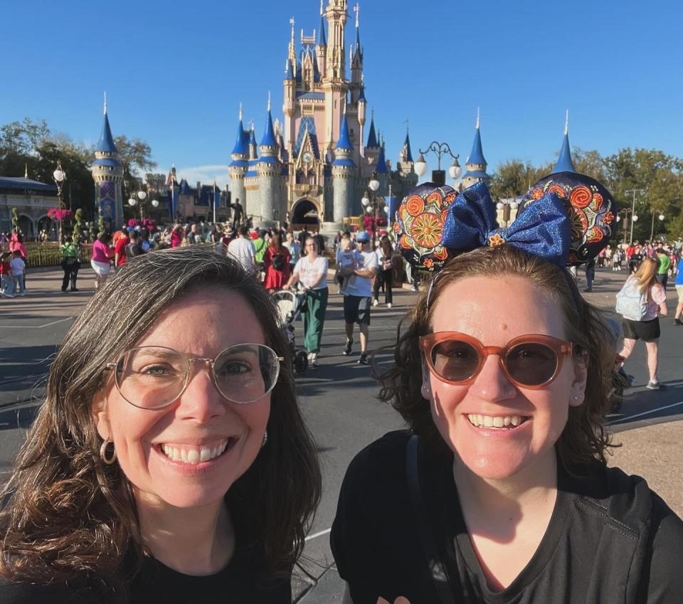 Amy Ryan (piccolo and flute) and Johanna Yarbrough (horn) visit Walt Disney World while on tour with the DSO, Feb. 14, 2024.