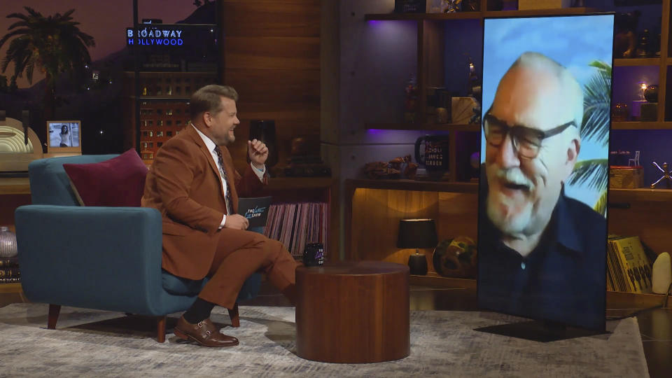 LOS ANGELES - AUGUST 12: James chats with Brian Cox on THE LATE LATE SHOW WITH JAMES CORDEN, scheduled to air Wednesday, August 12, 2020 (12:37-1:37 AM, ET/PT) on the CBS Television Network. Image is a screen grab. (Photo by CBS via Getty Images)