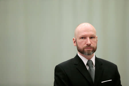 FILE PHOTO: Anders Behring Breivik is pictured on the last day of the appeal case in Borgarting Court of Appeal at Telemark prison in Skien, Norway January 18, 2017. NTB Scanpix/Lise Aaserud via REUTERS/File Photo