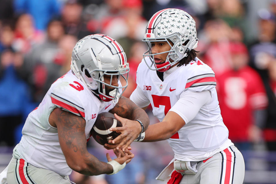 Ohio State quarterback C.J. Stroud had to run the ball to beat Northwestern on Saturday as the pass game was struggling in gusty conditions. (Photo by Michael Reaves/Getty Images)