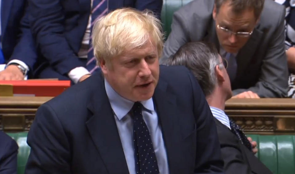 Prime Minister Boris Johnson speaking in the House of Commons, London after MPs voted in favour of allowing a cross-party alliance to take control of the Commons agenda on Wednesday in a bid to block a no-deal Brexit on October 31. (Photo by House of Commons/PA Images via Getty Images)