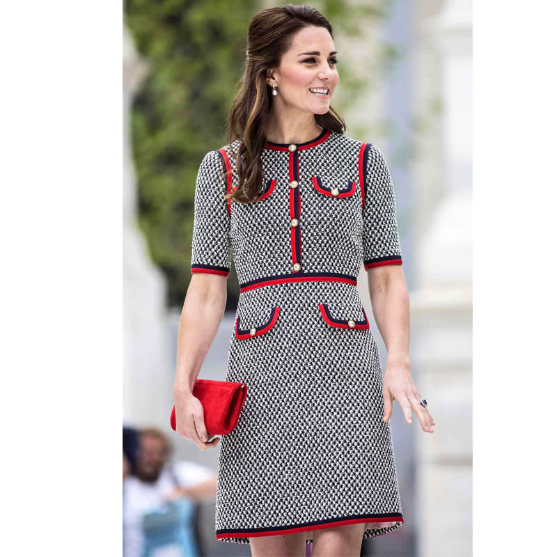 In Gucci Dress With L.K. Bennett Heels And Annoushka And Kiki McDonough Earrings