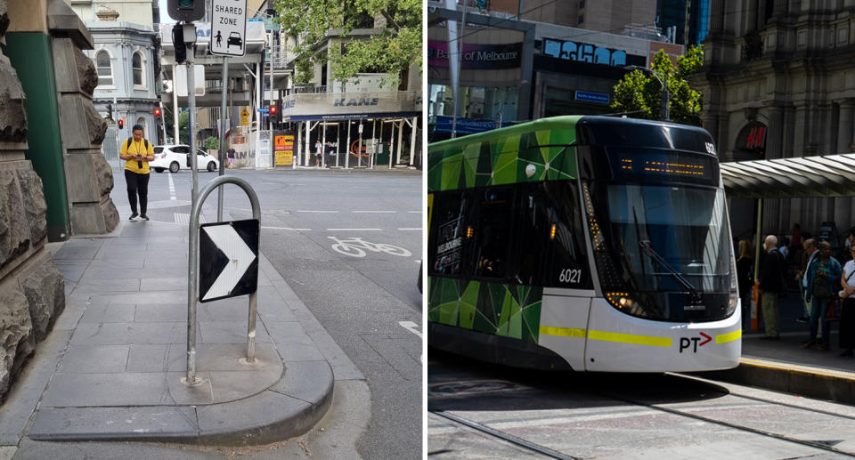 A photo of an undirectional hazard marker on the corner of Little Londsalde Street and Russel Street in Melbourne. A photo of people getting on a tram in Melbourne's CBD.