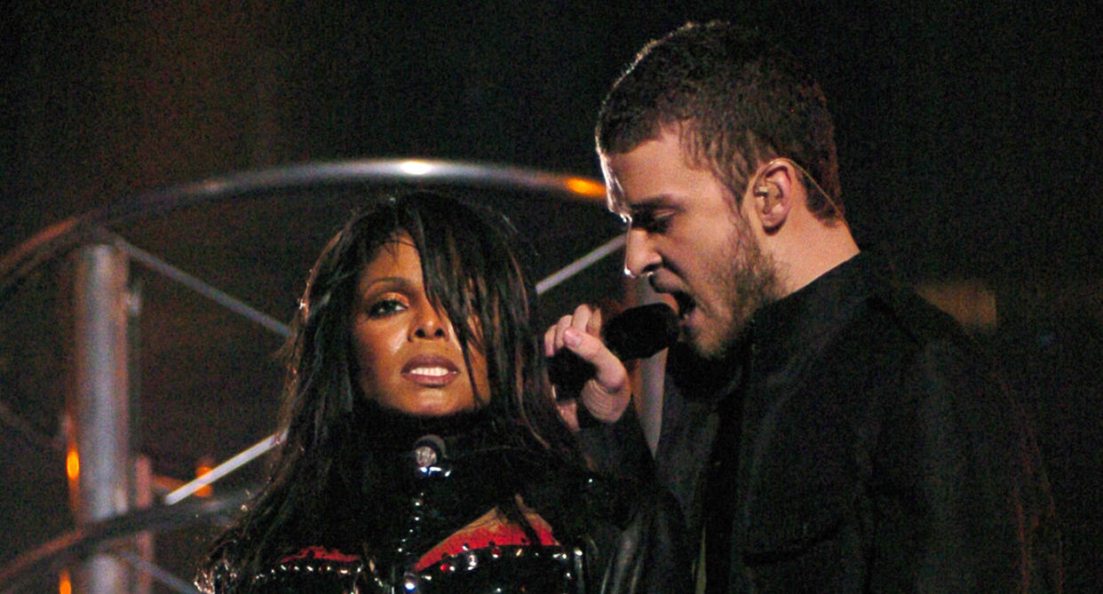 Janet Jackson and Justin Timberlake at Super Bowl XXXVIII Halftime Show. (Wireimage)