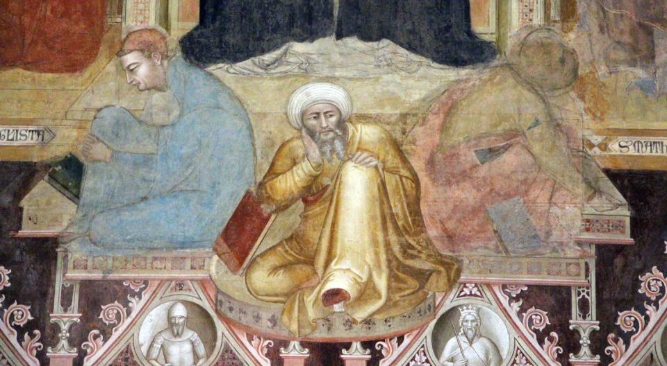 <span class="caption">El filósofo y médico cordobés Averroes en un detalle de fresco _El triunfo de Santo Tomás de Aquino_, en la capilla de los españoles de la basílica de Santa Maria Novella, Florencia, Italia.</span> <span class="attribution"><a class="link " href="https://commons.wikimedia.org/wiki/File:Andrea_di_bonaiuto,_apotesosi_di_san_tommaso_d%27aquino,_11_sabello,_nestore_e_averro%C3%A8.JPG" rel="nofollow noopener" target="_blank" data-ylk="slk:Wikimedia Commons / Sailko;elm:context_link;itc:0;sec:content-canvas">Wikimedia Commons / Sailko</a>, <a class="link " href="http://creativecommons.org/licenses/by-sa/4.0/" rel="nofollow noopener" target="_blank" data-ylk="slk:CC BY-SA;elm:context_link;itc:0;sec:content-canvas">CC BY-SA</a></span>