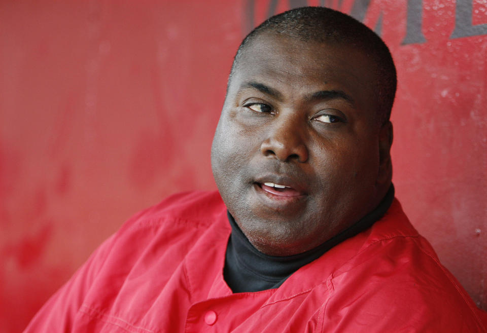 FILE - Tony Gwynn, Hall of Fame outfielder and San Diego State head baseball coach, talks while watching a practice in San Diego on Jan. 30, 2006. San Diego State University has had some great individual basketball players, including Kawhi Leonard, Tony Gwynn and Michael Cage. Gwynn, who died of cancer in 2014 at age 54, still holds the game, season and career assists records. (AP Photo/Chris Park, File)