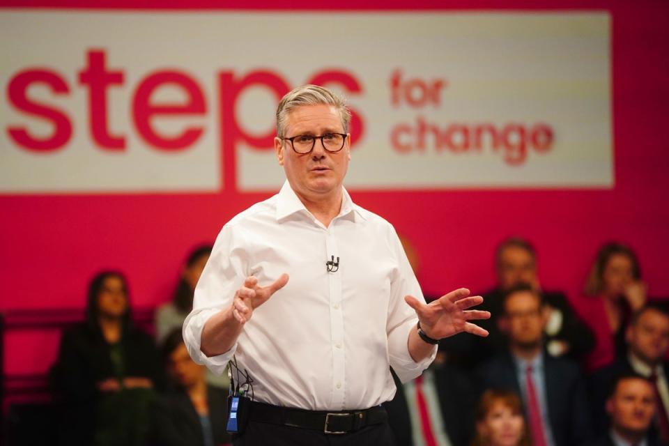 Labour Party leader Keir Starmer speaks during his visit to the Backstage Centre, Purfleet, for the launch of Labour’s doorstep offer to voters ahead of the general election (PA Wire)