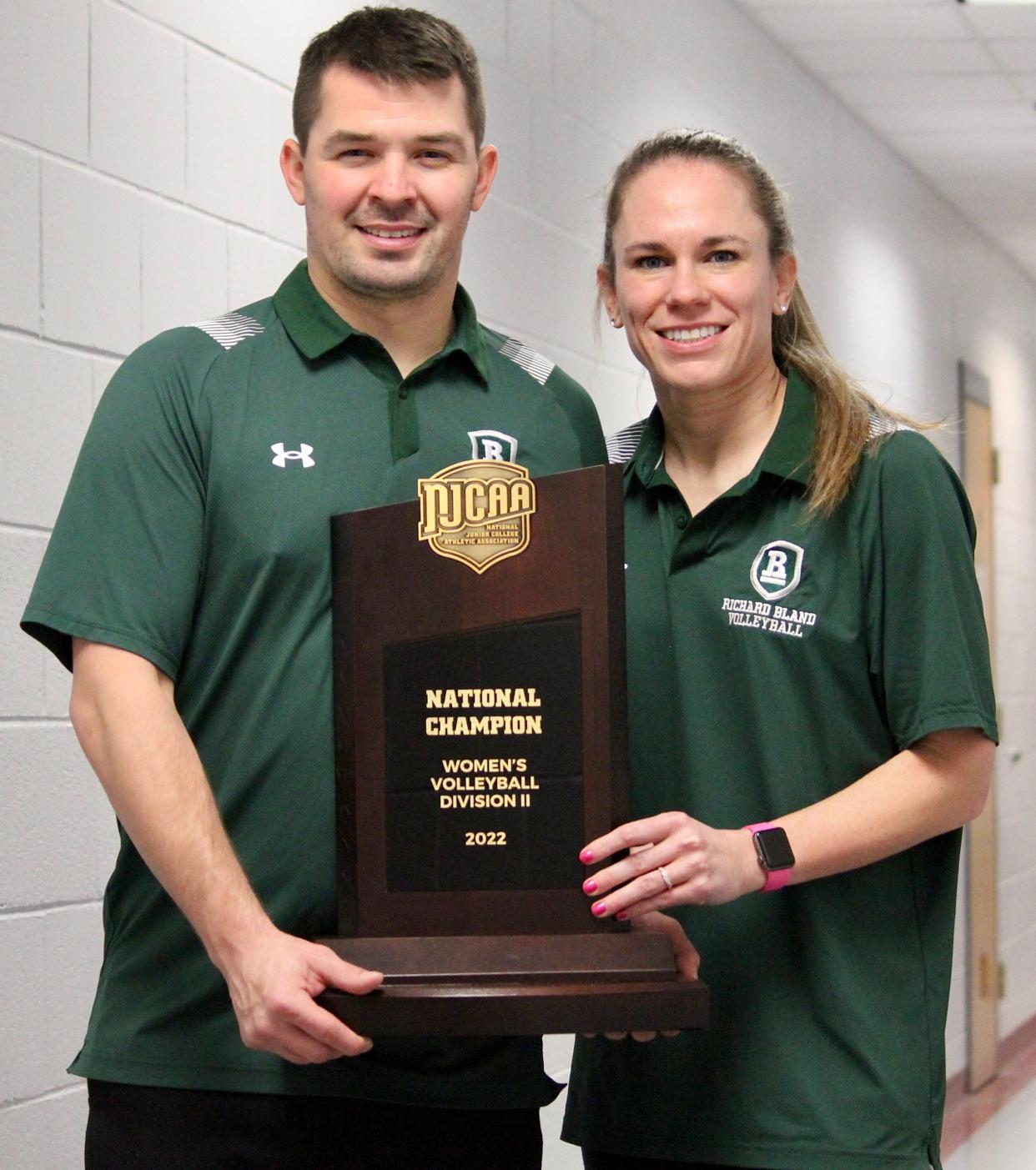 Bedford graduate Stephanie Champine (right) led Richard Bland State College to the National Junior College Athletic Association Division II national title in just her first year. At left is her husband and associate coach, Shaun Dryden.