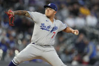 Los Angeles Dodgers starting pitcher Julio Urias works against the Colorado Rockies in the first inning of a baseball game Tuesday, Sept. 21, 2021, in Denver. (AP Photo/David Zalubowski)