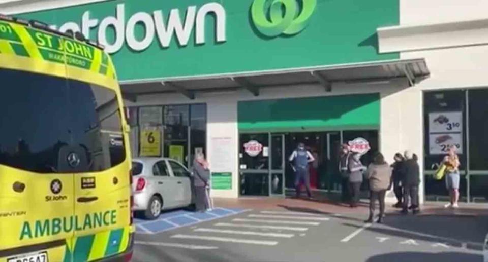 An ambulance outside the Countdown supermarket in Dunedin on Monday afternoon. Source: NZ On Air