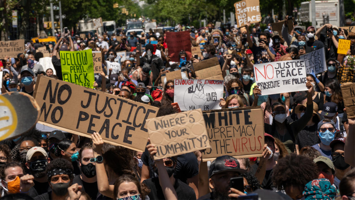 Protesters gathered in Harlem in New York City in May last year to protest the recent death of George Floyd.