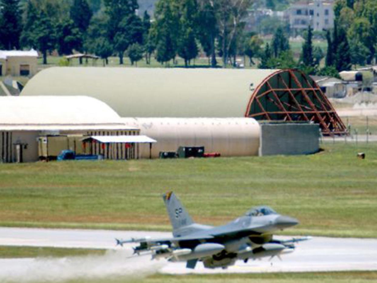 The big stick: An F-16 fighter at Incirlik last month, but when will they attack IS?: AFP