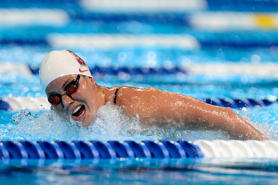 Elaine Breeden swam both the 100 butterfly and 200 butterfly in Beijing in 2008. She won't swim either this summer in London, after finishing fifth in the 100 fly finals at the U.S. Olympic Trials and not even qualifying for the 200 fly finals. (Photo by Jamie Squire/Getty Images)