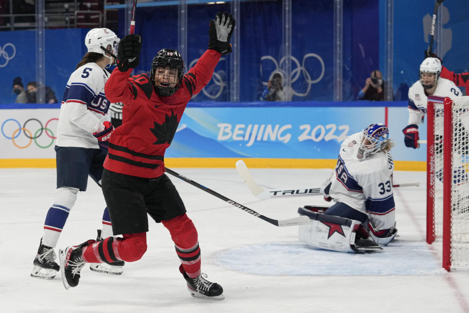 FILE - Canada's Sarah Nurse (20) celebrates a goal during the women's gold medal hockey game against the United States at the 2022 Winter Olympics, Thursday, Feb. 17, 2022, in Beijing. The Canadians enter the world championships as two-time defending champions. (AP Photo/Petr David Josek, File)