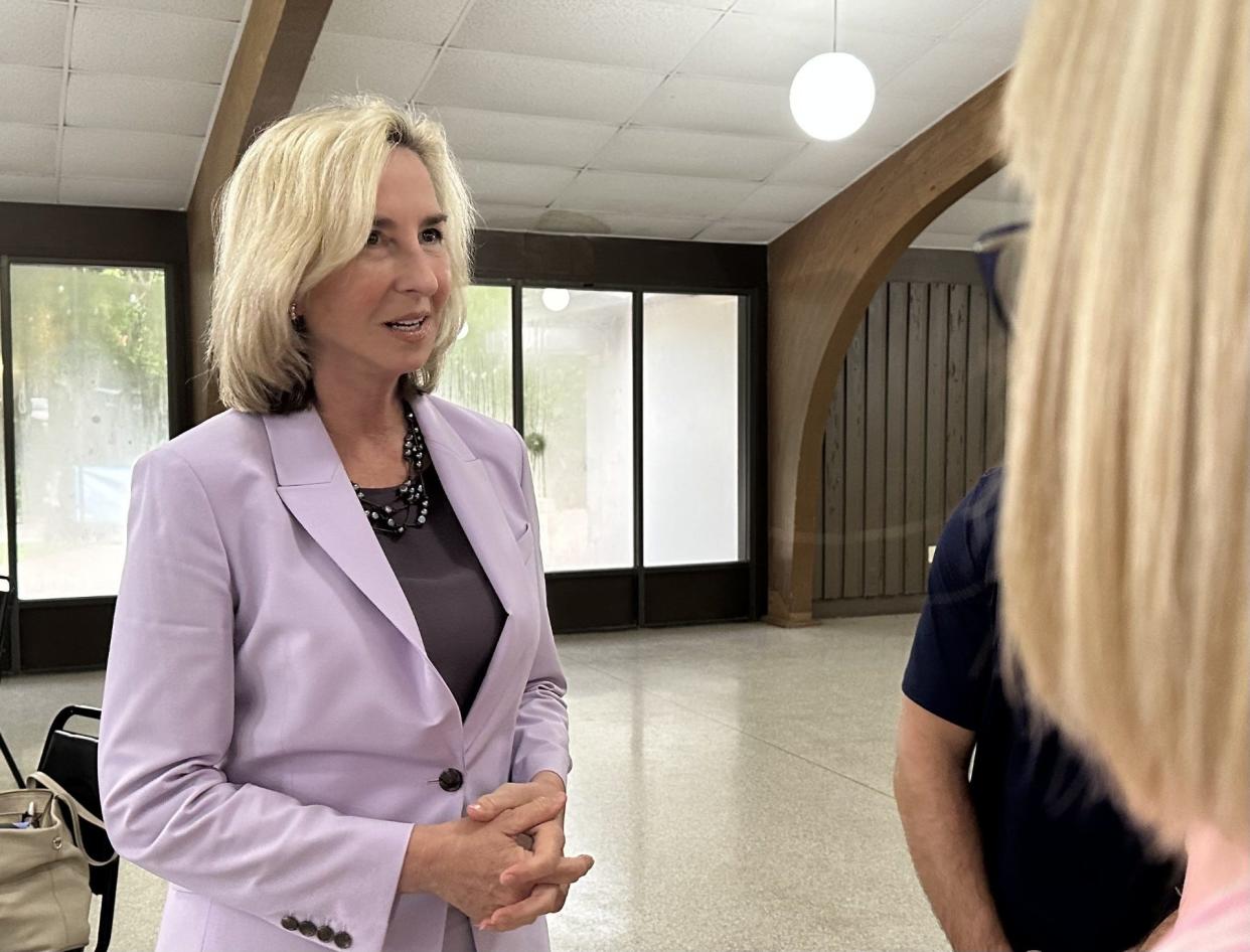 Kerry Healey, former lieutenant governor of Massachusetts, meets with attendees of a Florida Forward Party candidate showcase in Maitland on Thursday, June 13, 2024. Healey, who grew up in Ormond Beach and graduated from Seabreeze High School in Daytona Beach, is executive chair of the Forward Party's national board.