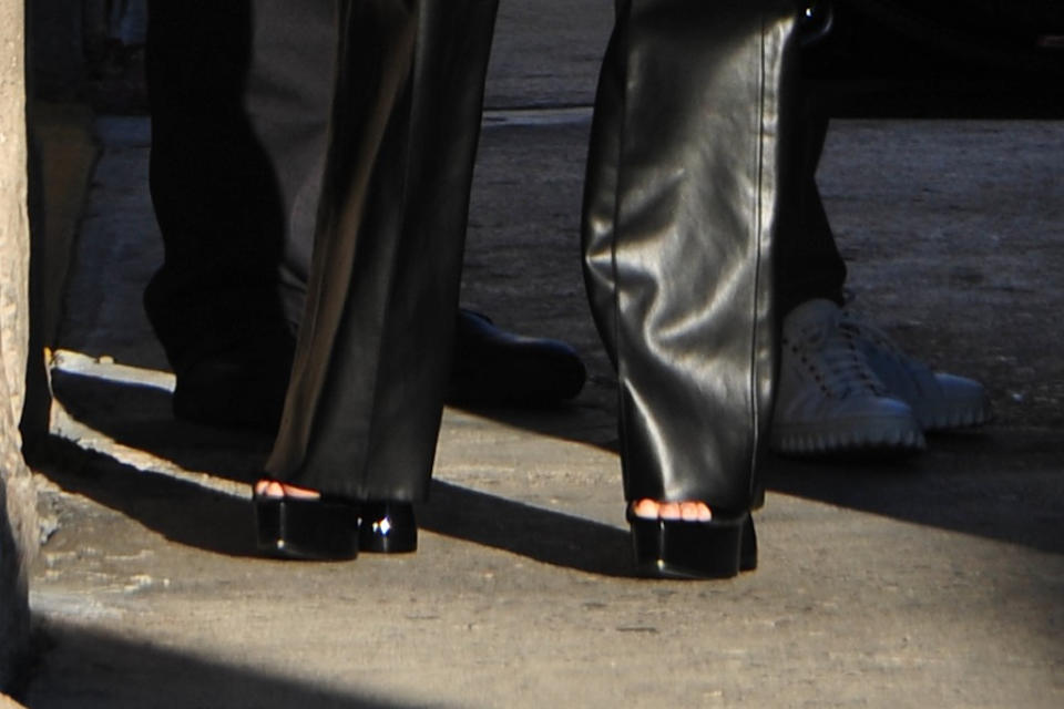 Katy Perry Looks Slick in All-Black Leather Outfit Paired With Sky-High  Platform Sandals for 'Jimmy Kimmel'