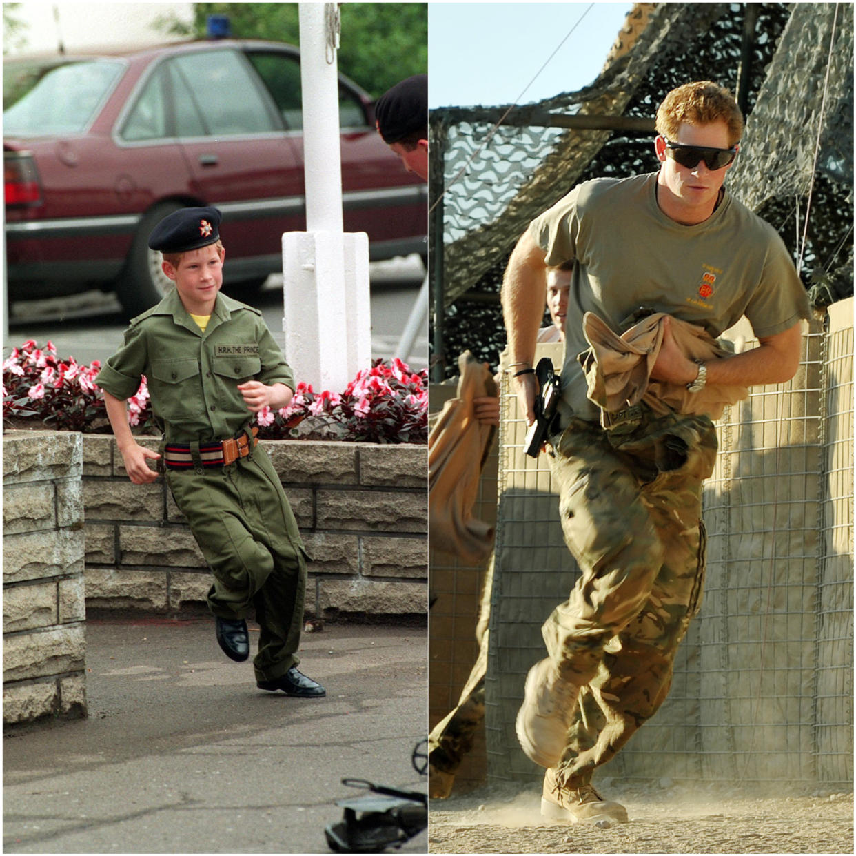 Eight-year-old Harry running wearing a mini Army uniform and shown in 2012 running as he scrambles to his Apache in Afghanistan 