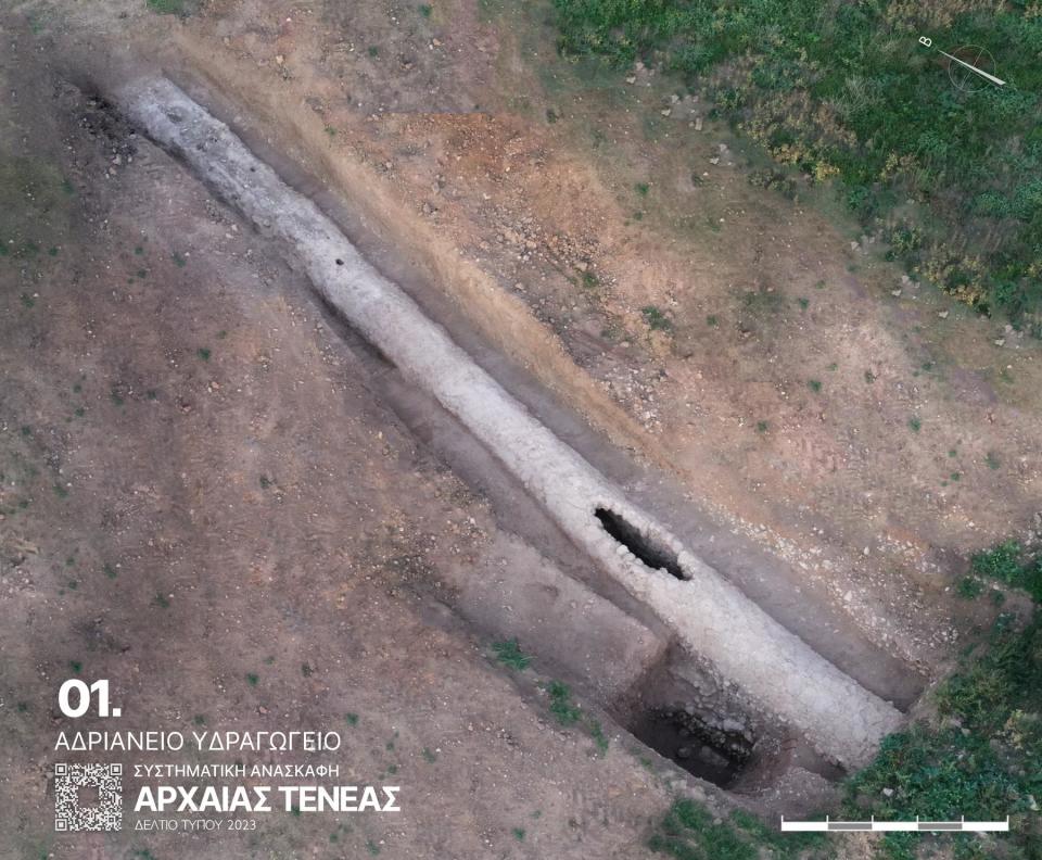 A section of Hadrian's aqueduct was uncovered during an archaeological excavation around the Greek peninsula in October 2023. / Credit: Greek Ministry of Culture