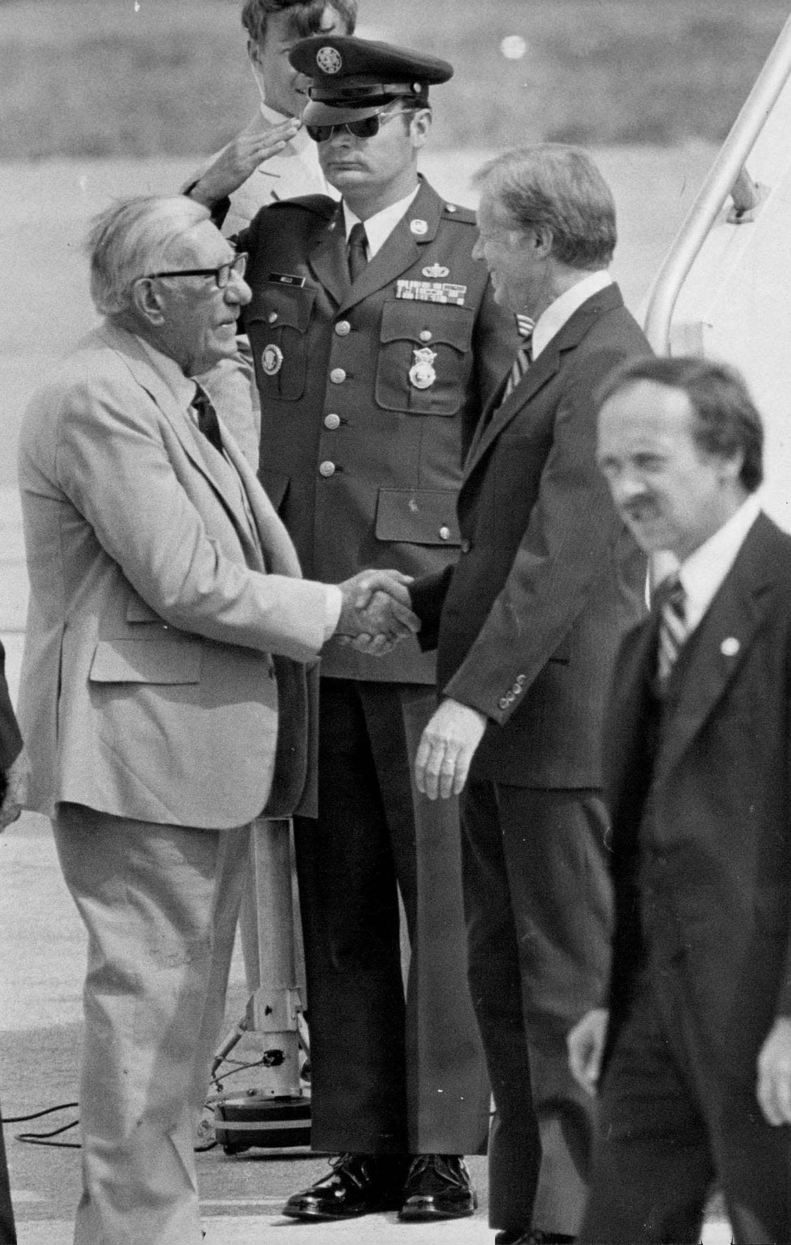 U.S. Rep. and former Sen. Claude Pepper welcomes President Jimmy Carter to Miami.