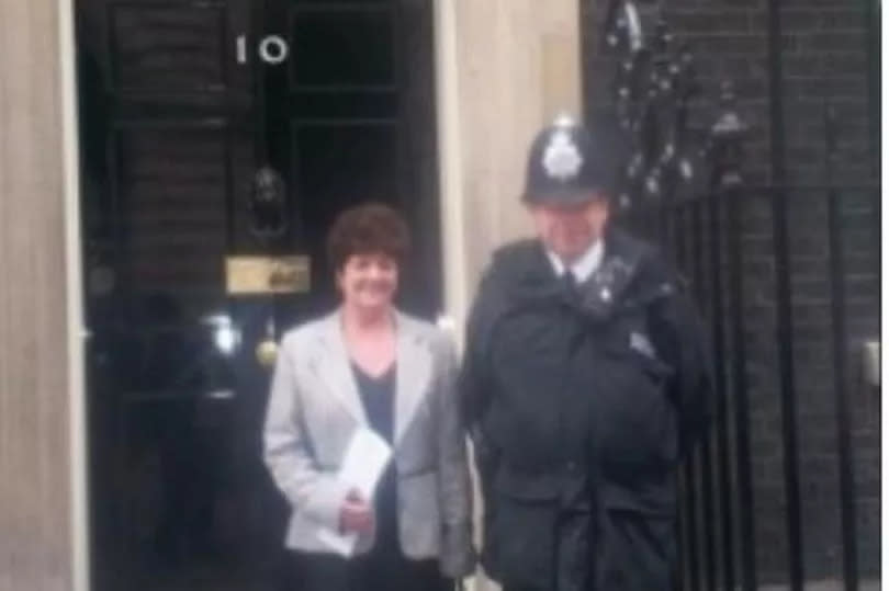 Jean Ashworth, former Rochdale councillor, handing in a petition to Downing Street