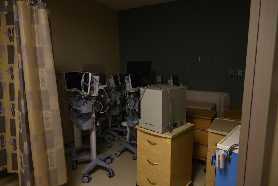 Medical equipment is seen left behind inside the pre-operative holding area at St. Mark’s Medical Center Wednesday, Oct. 11, 2023, in La Grange.