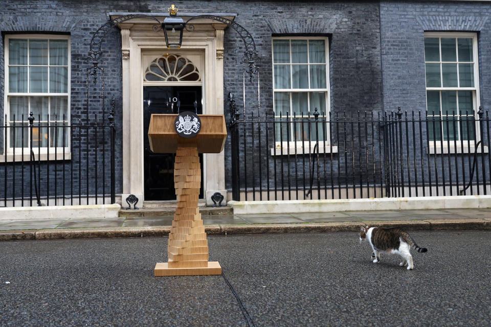 Larry the cat walks outside 10 Downing Street on Liz Truss' last day in office as U.K. Prime Minister on Oct. 25, 2022.<span class="copyright">Hannah McKay—Reuters</span>