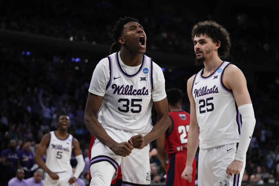 Kansas State's Nae'Qwan Tomlin (35) reacts in the second half of an Elite 8 college basketball game against Florida Atlantic in the NCAA Tournament's East Region final, Saturday, March 25, 2023, in New York. (AP Photo/Frank Franklin II)