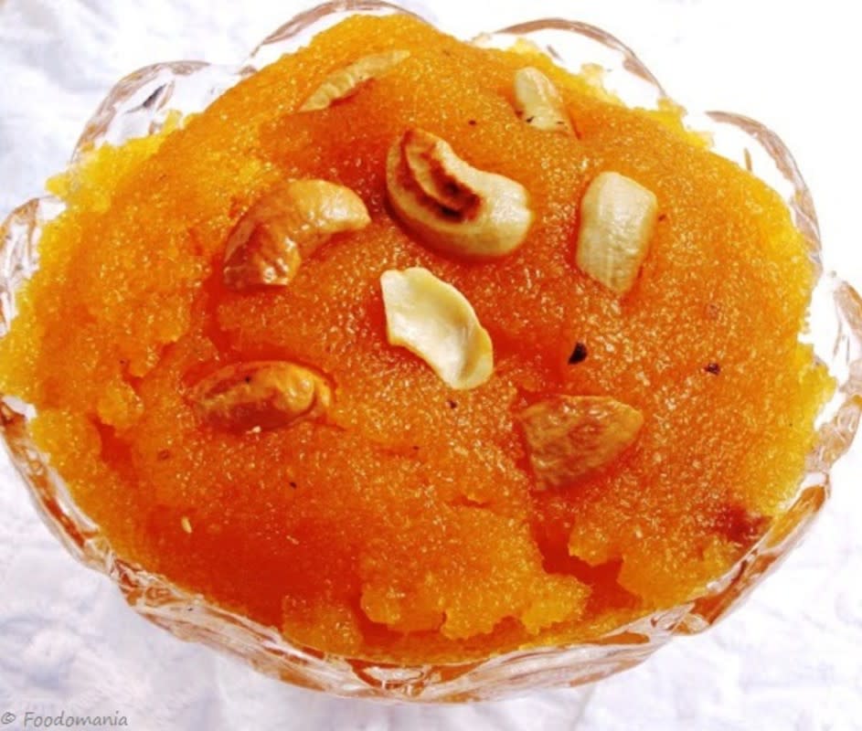 <p>Foodomania</p><p>Semolina, ghee and sugar come together in this mouthwatering Rava Kesari, which resembles a pudding in its lovely texture.</p><p><strong>Get the recipe: <a href="https://foodomania.com/rava-kesari/" rel="nofollow noopener" target="_blank" data-ylk="slk:Rava Kesari;elm:context_link;itc:0;sec:content-canvas" class="link ">Rava Kesari</a></strong></p>