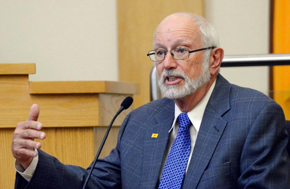 New Mexico State Sen. Jerry Ortiz y Pino testifies during a hearing for former Sen. Phil Griego in District Court on  July 5, 2016, in Albuquerque, N.M. Democratic state Sens. Ortiz y Pino and Moe Maestas introduced a bill Tuesday, Jan. 24, 2023, that would prohibit local governments and state agencies from contracting to detain immigrants in civil cases with U.S. Immigration and Customs Enforcement and private detention facilities. The bill could unwind contractual agreements that help detain immigrants at three privately operated detention centers in New Mexico within close driving distance of the U.S. border with Mexico.