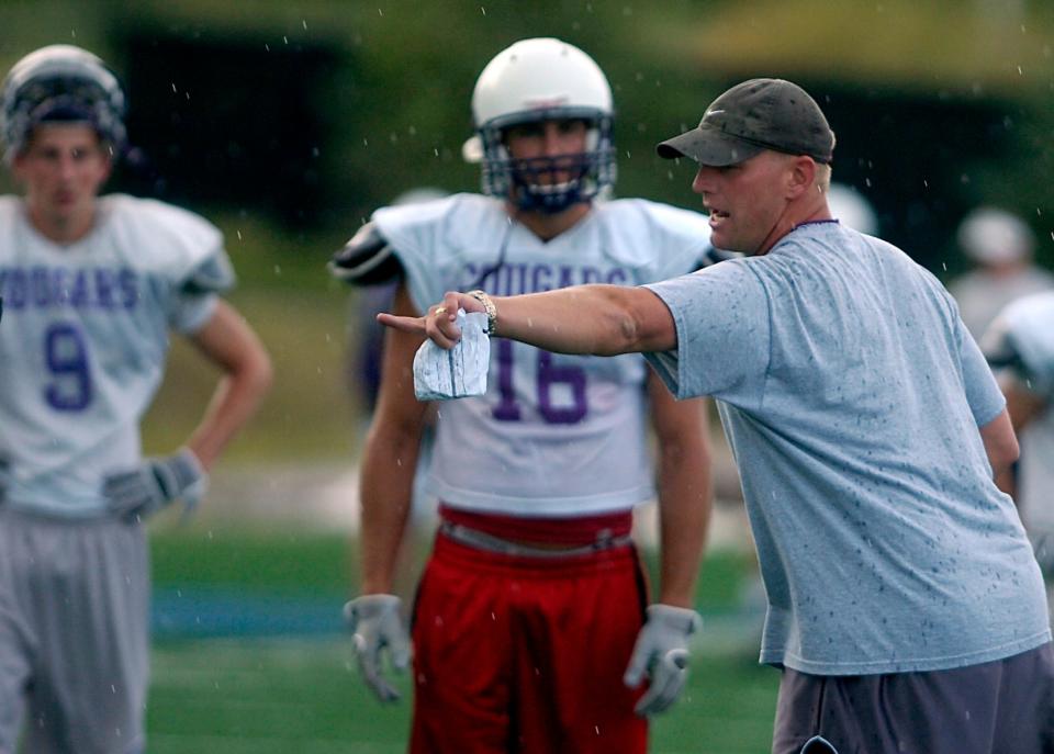 Sioux Falls head football coach Kalen DeBoer leads practice at the University of Sioux Falls in Sioux Falls, S.D. on Aug. 19, 2009. DeBoer has made a rapid rise through the coaching ranks. He won three NAIA national championships as head coach at the University of Sioux Falls from 2005-09 and had five coaching stops in 12 years before landing at Washington.