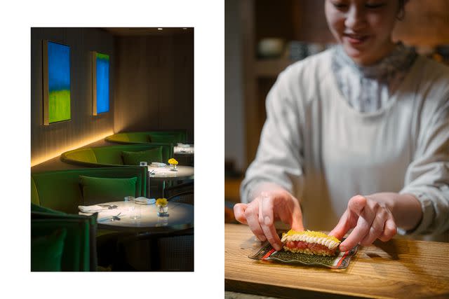 <p>Irwin Wong</p> From left: The Jade Room restaurant at the Tokyo Edition, Toranomon; chef Ayaka Terai prepares a dish at Bell Sushi.