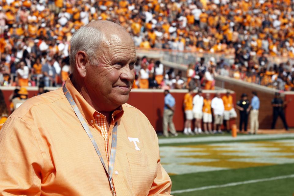 Former Tennessee head coach, Phillip Fulmer, is seen an NCAA college football game between Tennessee and South Carolina Saturday, Oct. 14, 2017, in Knoxville, Tenn. (AP Photo/Wade Payne)