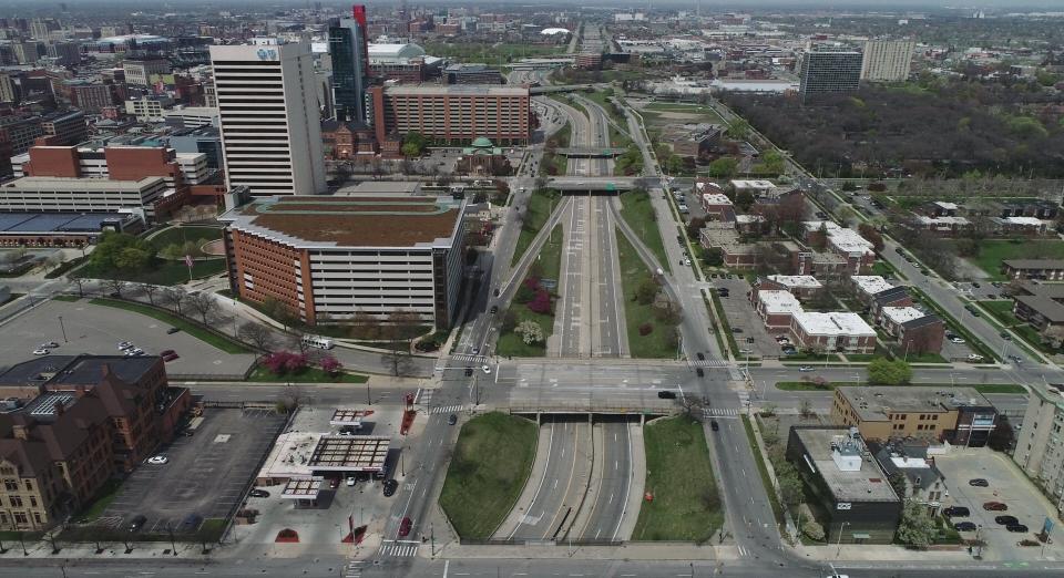 A view of Interstate 375 through downtown Detroit in April 2021.