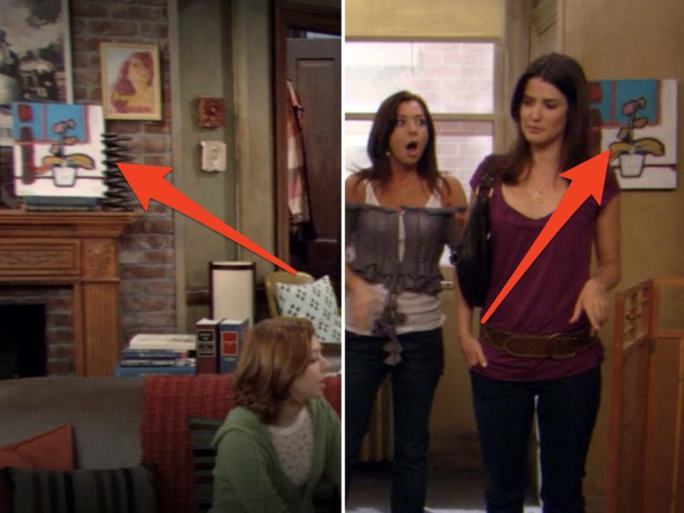 arrows pointing to lily's painting in ted and marshalls apartment and in her apartment in two episodes of how i met your mother