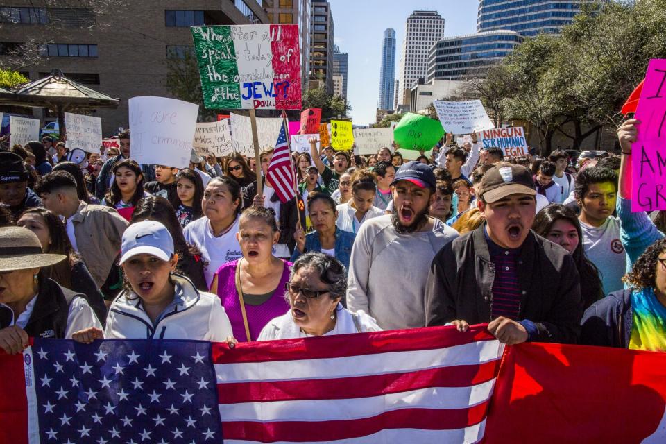 Protesters march in the streets outside the Texas Capitol on “A Day Without Immigrants,” Feb. 16. (Photo: Drew Anthony Smith/Getty Images)