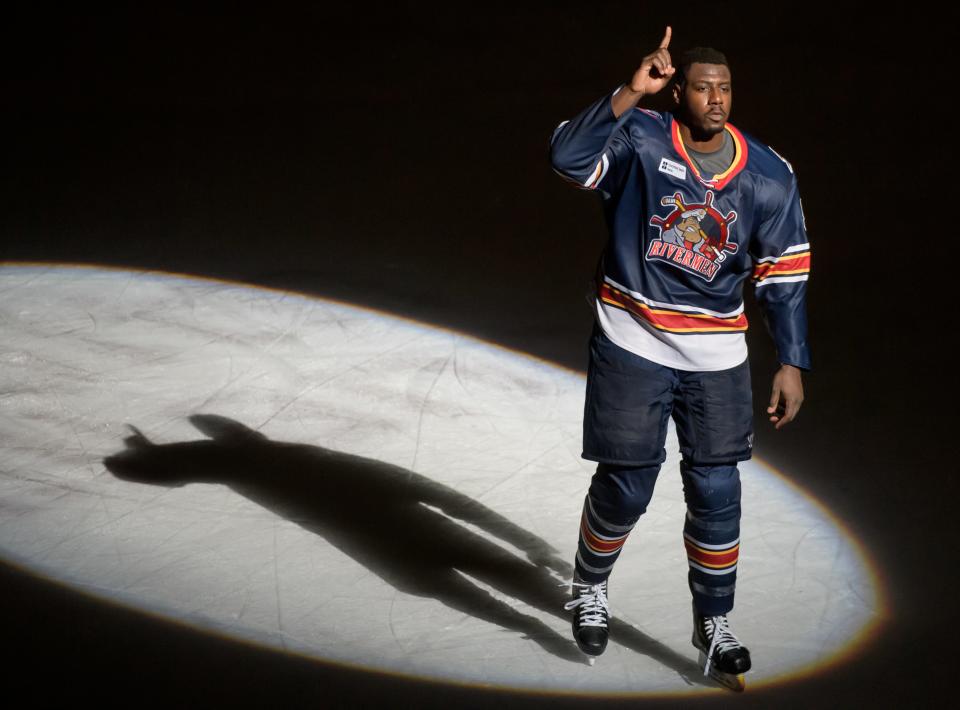 Peoria Lordanthony Grissom acknowledges the crowd as the player of the game after the Rivermen defeated the Roanoke Rail Yard Dawgs 3-2 in Game One of the SPHL finals Thursday, April 28, 2022 at Carver Arena in Peoria. Grissom scored the game-winner in the third period.