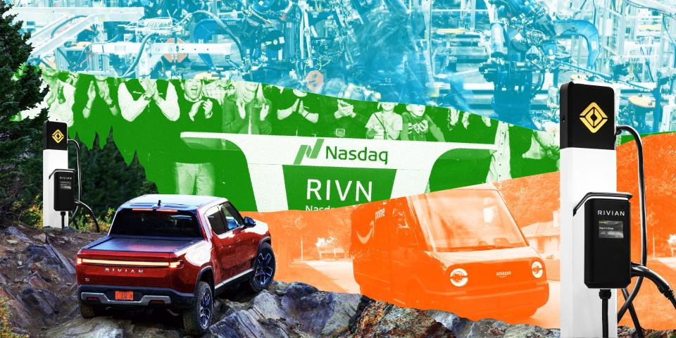 rivian pickup truck looking at the edge of a cliff surrounded by two rivian charging stations, framing blue, green, and orange photo snippets of a Rivian factory, IPO, and Amazon truck