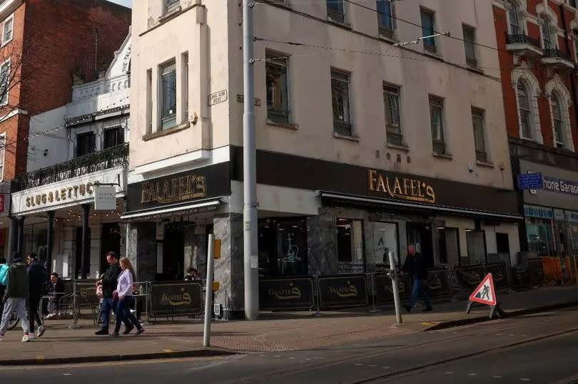 Falafel restaurant, located on the corner of Market Street and Long Row West in Nottingham city centre