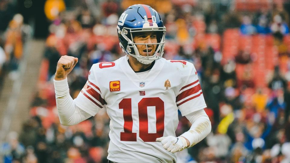 New York Giants quarterback Eli Manning (10) celebrates a touchdown during an NFL football game against the Washington Redskins, in Landover, MdGiants Redskins Football, Landover, USA - 09 Dec 2018.