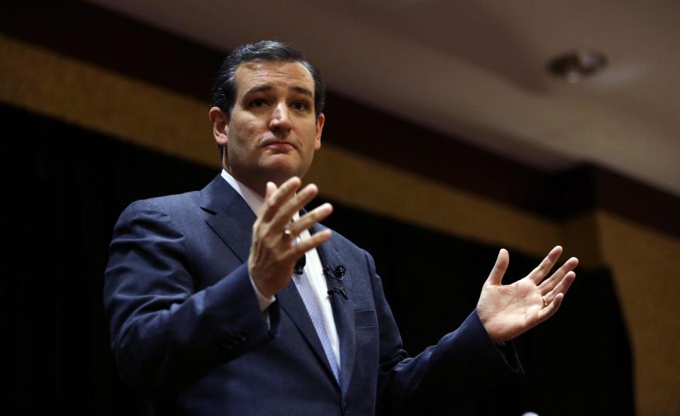 FILE - In this March 18, 2014, photo, Sen. Ted Cruz, R-Texas, speaks at the Network of Iowa Christian Home Educators’ state Capitol day event in Des Moines, Iowa. Cruz is making a pilgrimage to one of the largest weekly meetings of young evangelicals in the country. The Texas Republican scheduled a Wednesday, April 2, 2014, appearance before the student body of Liberty University, the Virginia school founded by the late Rev. Jerry Falwell. (AP Photo/Charlie Neibergall, File)