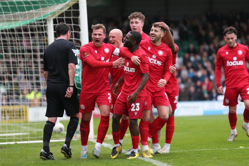 Worthing celebrate their opening goal in the win at Yeovil <i>(Image: Mike Gunn)</i>