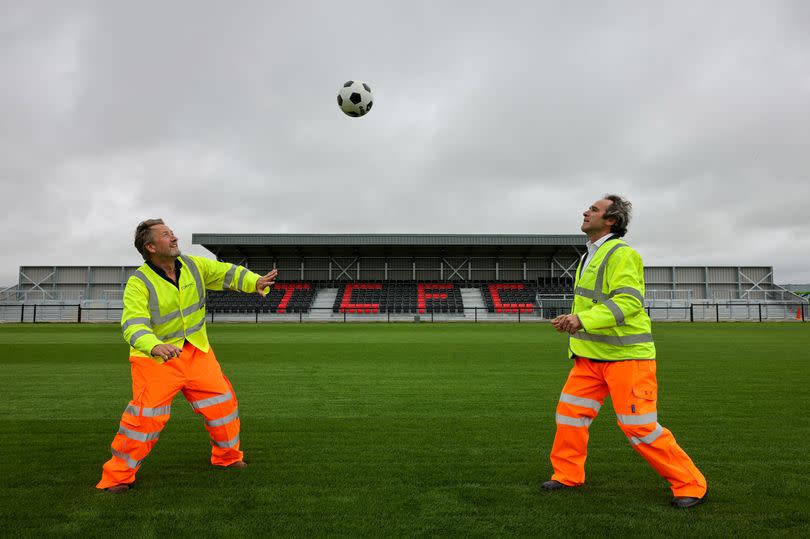 Treveth's Harry Lewis and Cornwall councillor Olly Monk try out Truro City FC's new ground