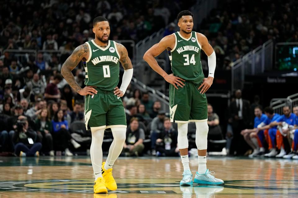 Forward Giannis Antetokounmpo, right, and guard Damian Lillard helped the Milwaukee Bucks to a 49-33 record during the regular season and a No. 3 seed in the Eastern Conference playoffs.