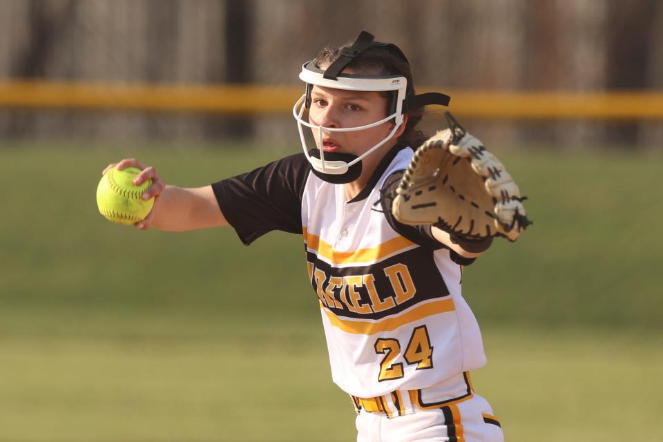 Lizzy Moore, shown pitching as a freshman for Garfield, is in her fourth year as the G-Men's ace.