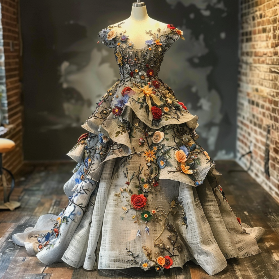 Elaborate gown with floral embroidery and cascading ruffled skirt on mannequin