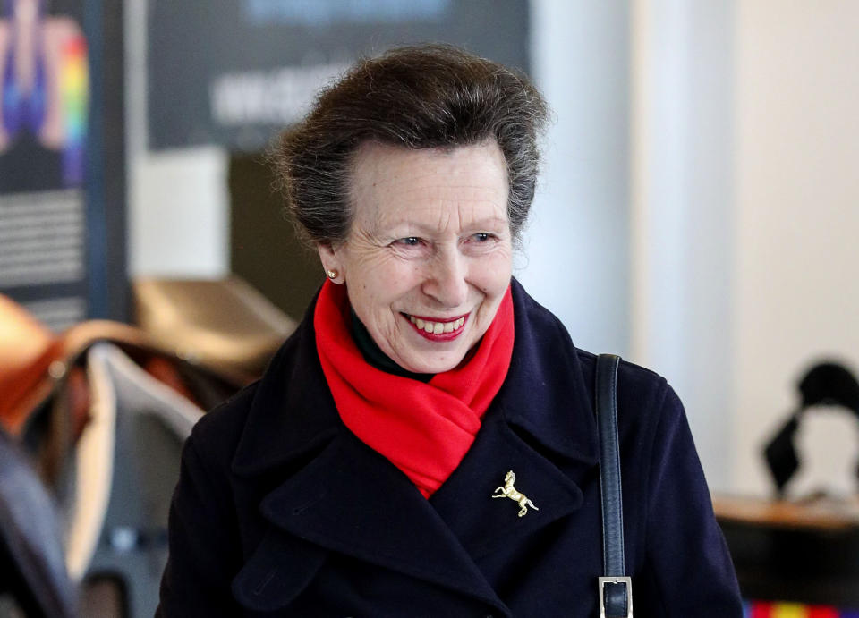 The Princess Royal, Vice-Patron of the equine charity, The British Horse Society, visiting the Addington Equestrian Centre near Buckingham. PA Photo. Picture date: Monday March 16, 2020. During the visit she watched a display of world-class coaching demonstrations from top coaches, before giving a speech about the importance of having qualified coaches within the equestrian industry. See PA story ROYAL Anne. Photo credit should read: Steve Parsons/PA Wire (Photo by Steve Parsons/PA Images via Getty Images)