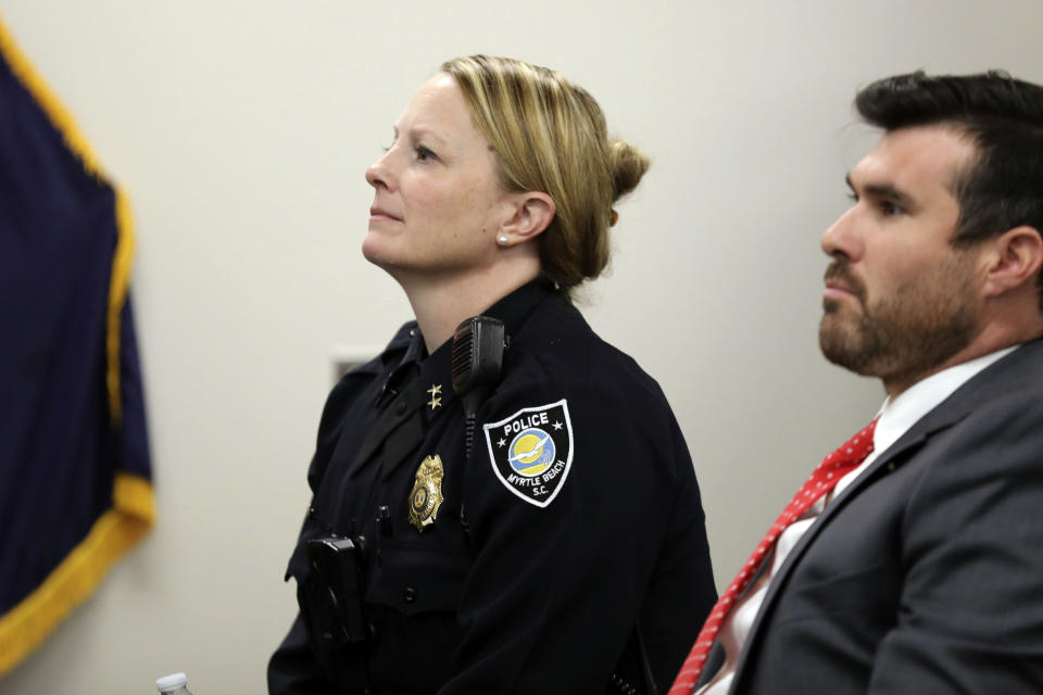 Myrtle Beach Police Chief Amy Prock prepares to speak at a South Carolina Senate subcommittee hearing, Tuesday, March 28, 2023, in Columbia, S.C. (AP Photo/Jeffrey Collins)