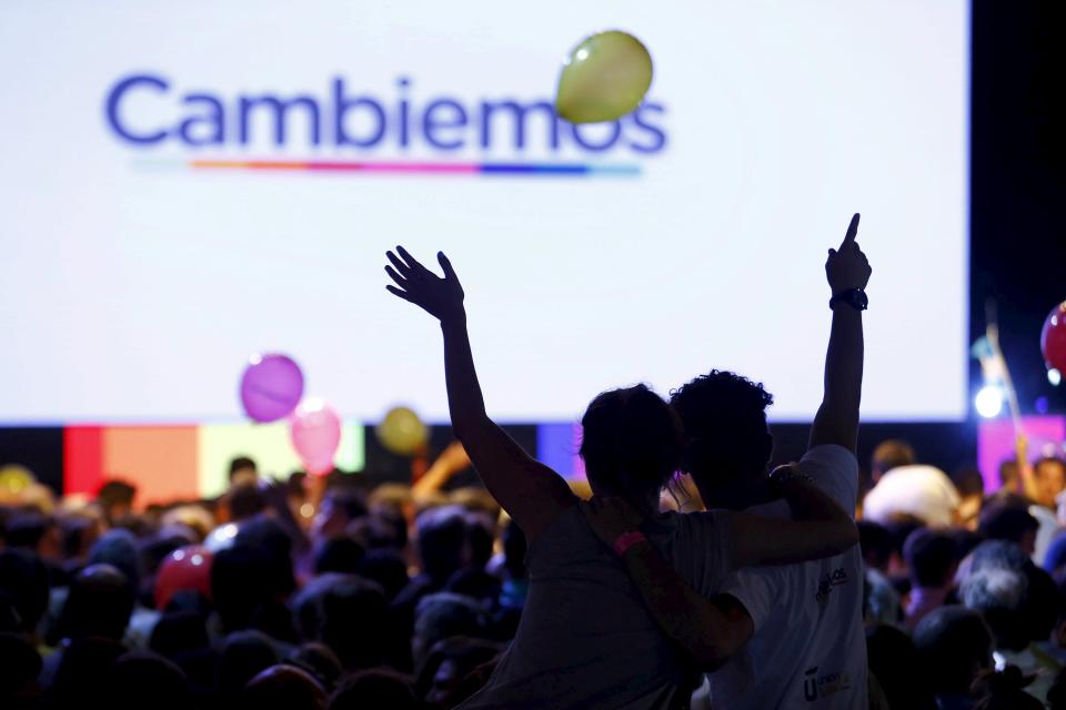 Supporters of presidential candidate Mauricio Macri gather at their headquarters in Buenos Aires