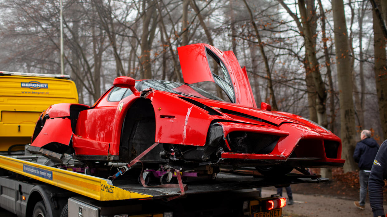 A rare £2.5m Ferrari Enzo was left in pieces after crashing into a tree in the town of Baarn just southeast of Amsterdam in the Netherlands. (SWNS)
