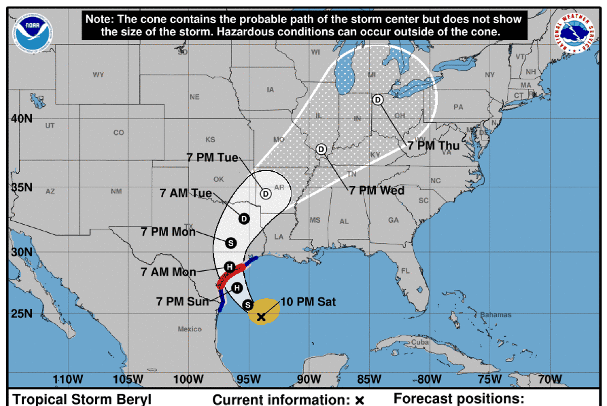 NOAA graphic shows current position of Tropical Storm Beryl as of 10:00 p.m. Central Time on July 6, 2024, along with its projected path towards the Texas coast.